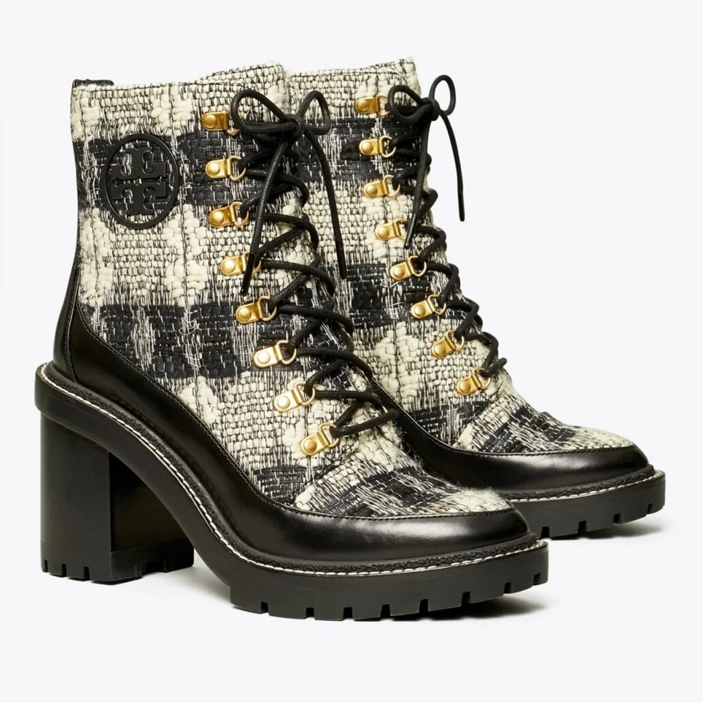 Tory Burch MILLER WOOL BLACK WHITE LUG SOLE BOOTS 10M